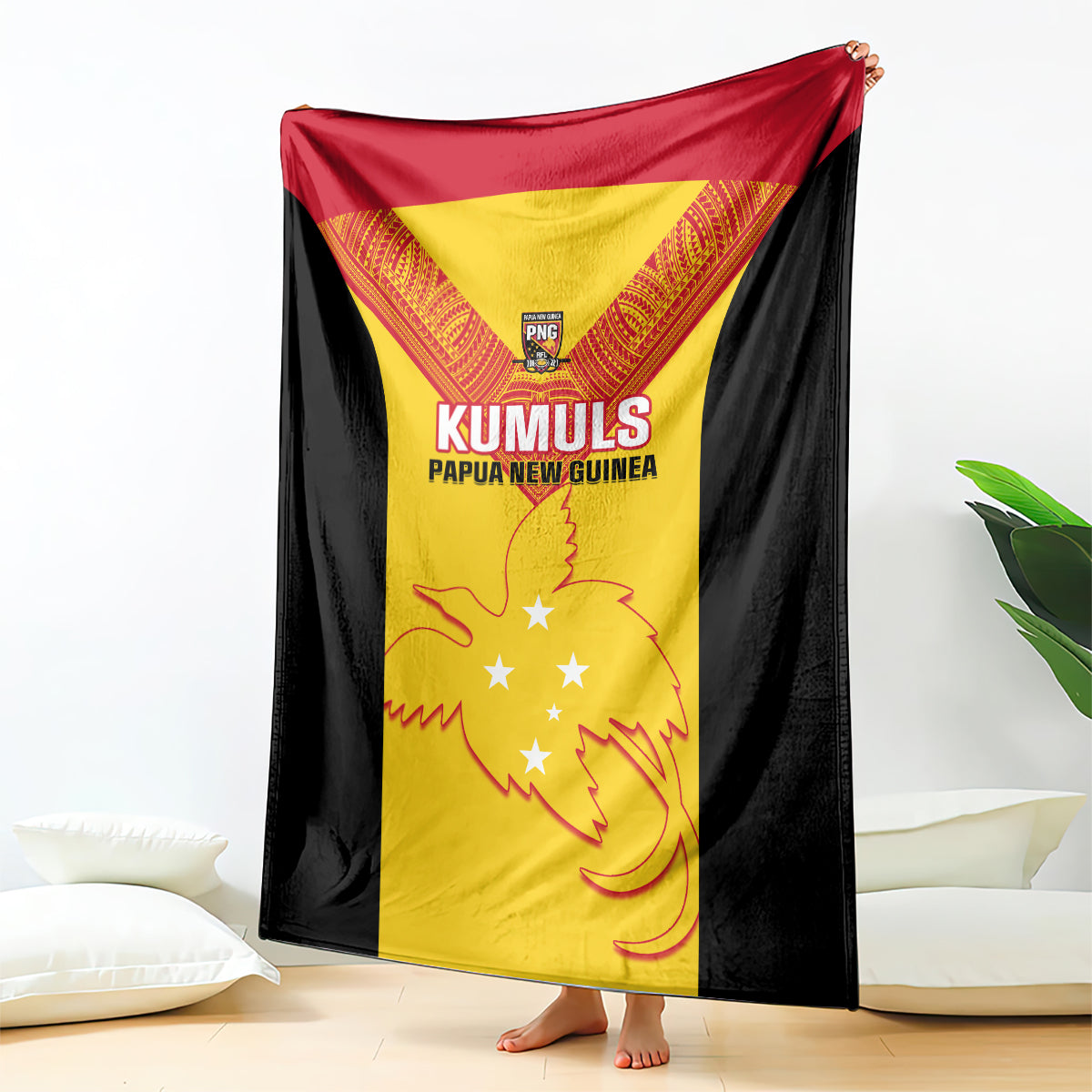 Yellow, red and black KUMULS Papua New Guinea rugby blanket with crest and text