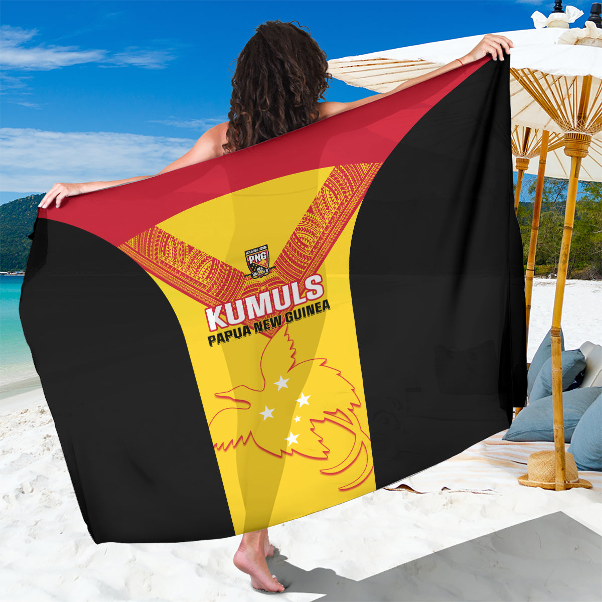 Yellow and black rugby team sarong with central crest graphic and flowing side panels