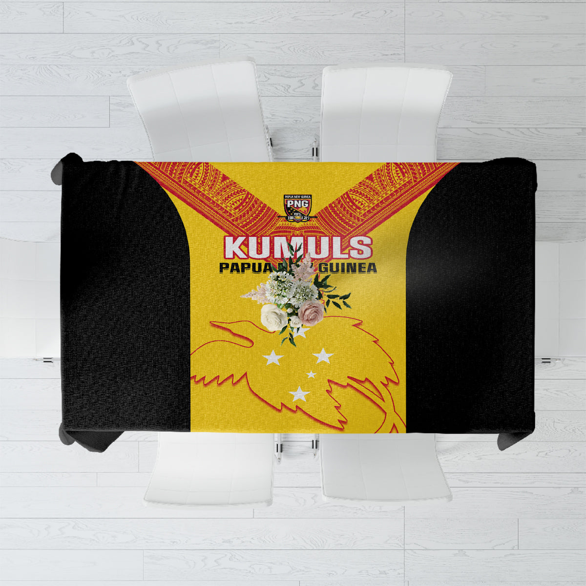Rugby tablecloth with yellow-and-black Kumuls crest design and PNG logo center panel