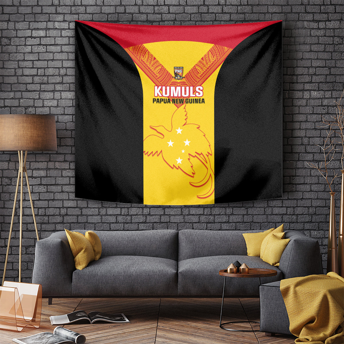 Yellow, red and black KUMULS Papua New Guinea wall tapestry with lion emblem and stars