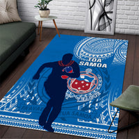 Blue rugby area rug with Samoa emblem and players graphic, geometric border