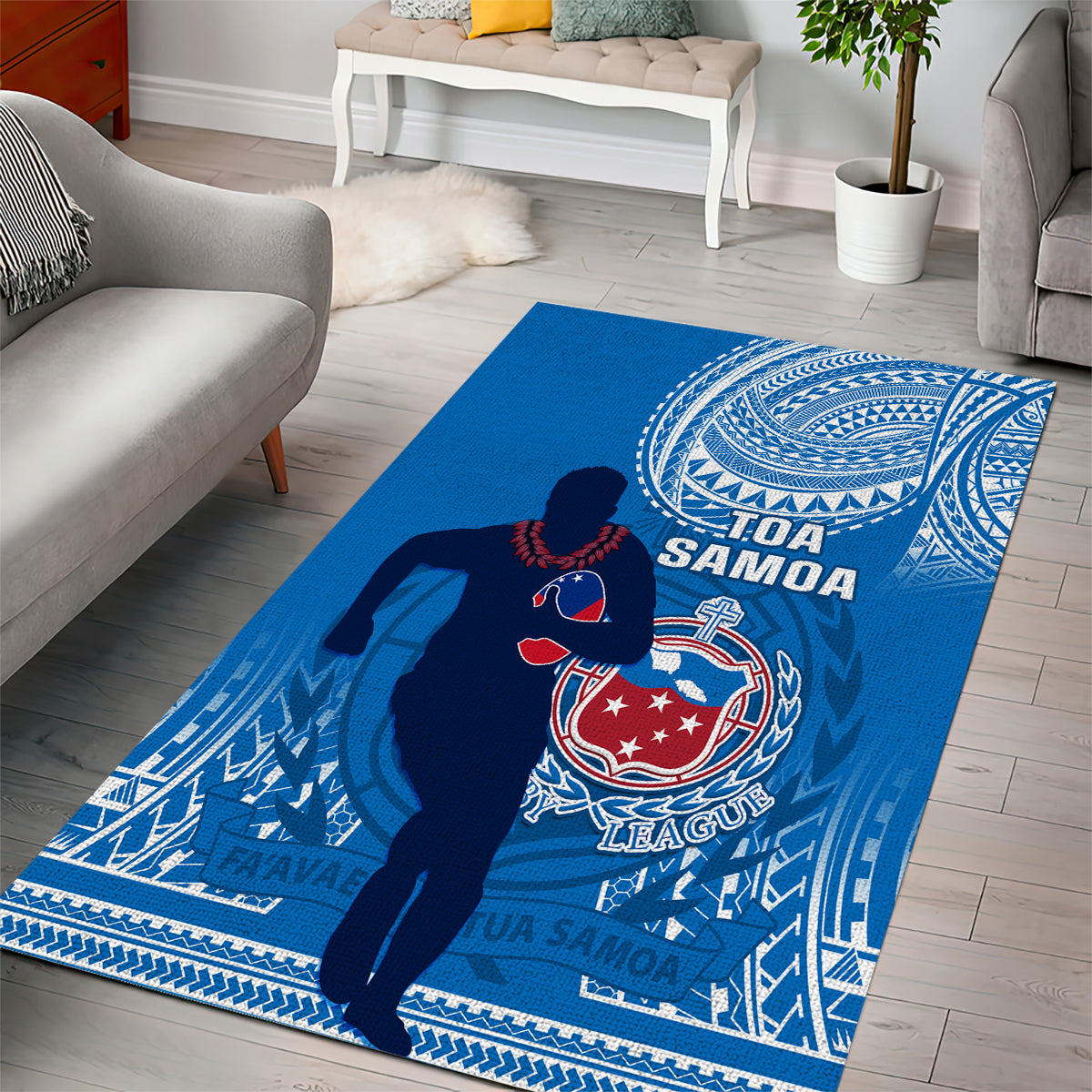 Blue Samoa rugby area rug with player silhouette and crest, patterned border