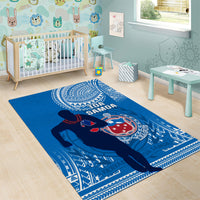 Blue Samoa rugby area rug with player silhouette, central emblem, patterned border