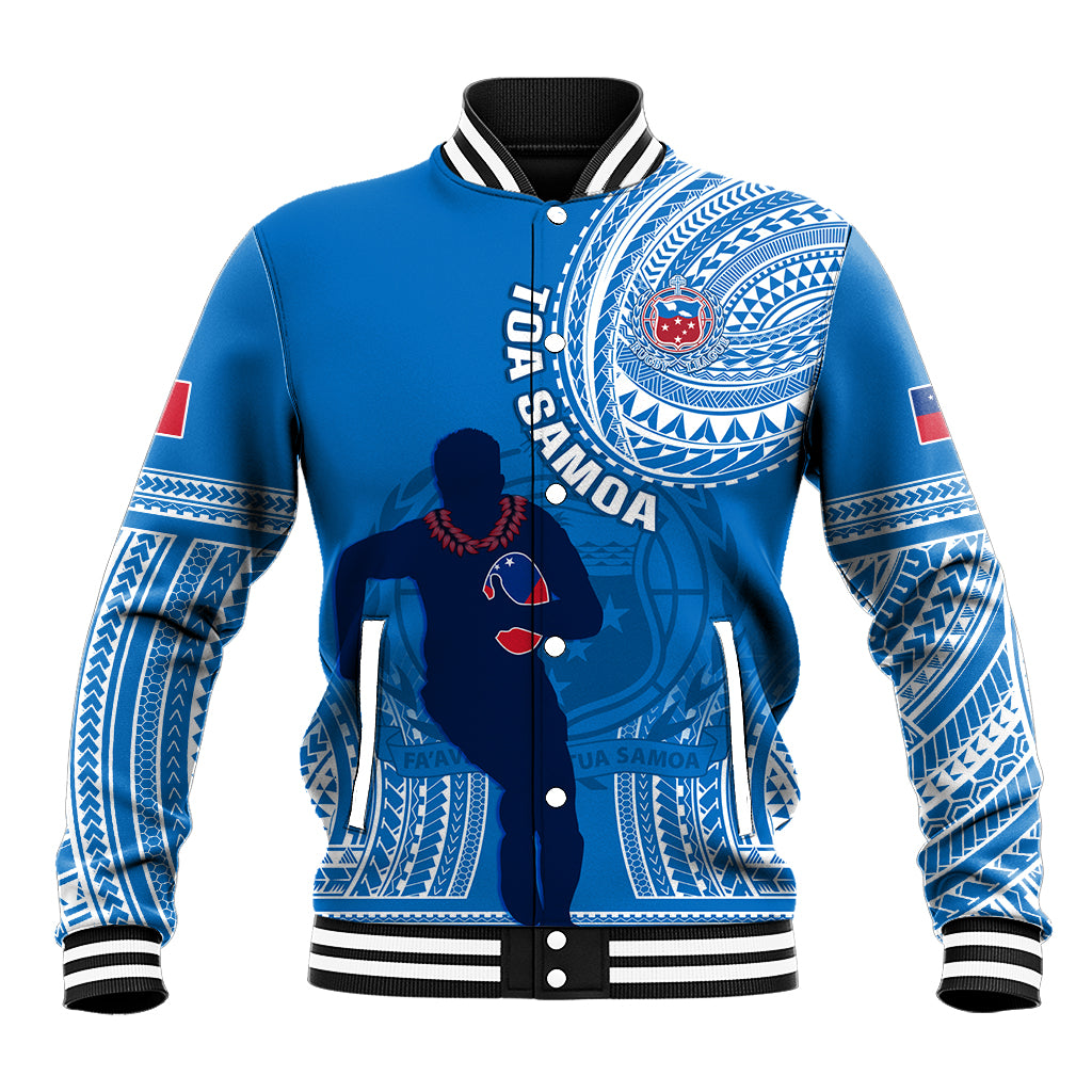 Blue zip-up baseball jacket with white tribal pattern sleeves and striped ribbed collar