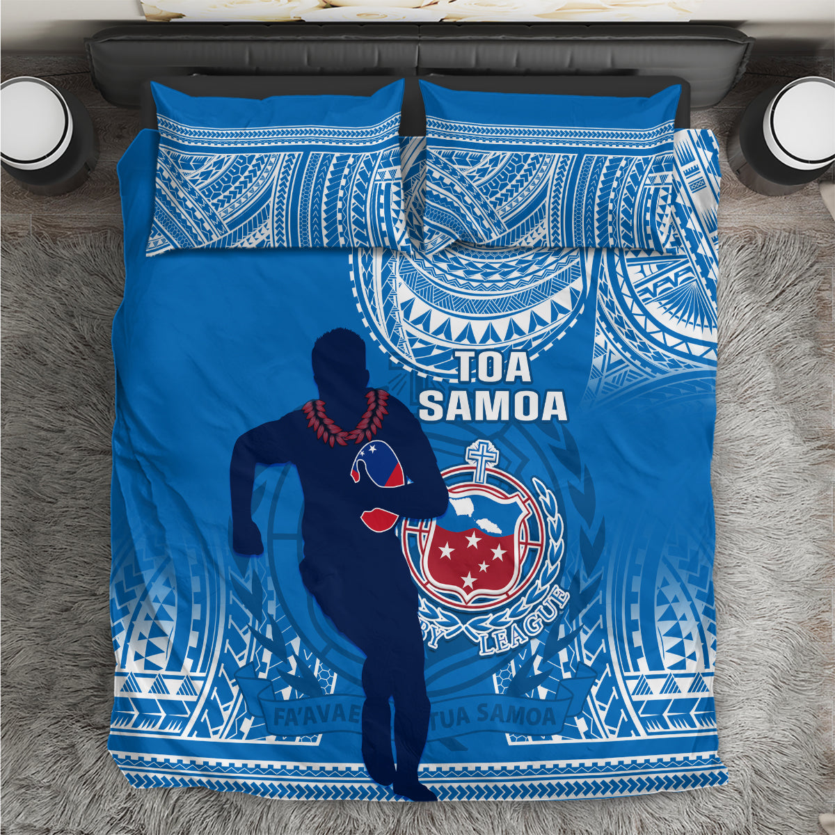 Blue Samoa rugby bedding set with matching pillowcases and patterned graphics, duvet front.