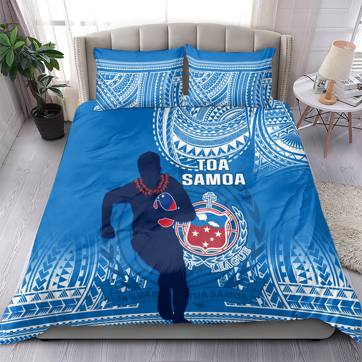 Blue Samoa rugby bedding set on bed with two square pillowcases, bold rugby emblem design.