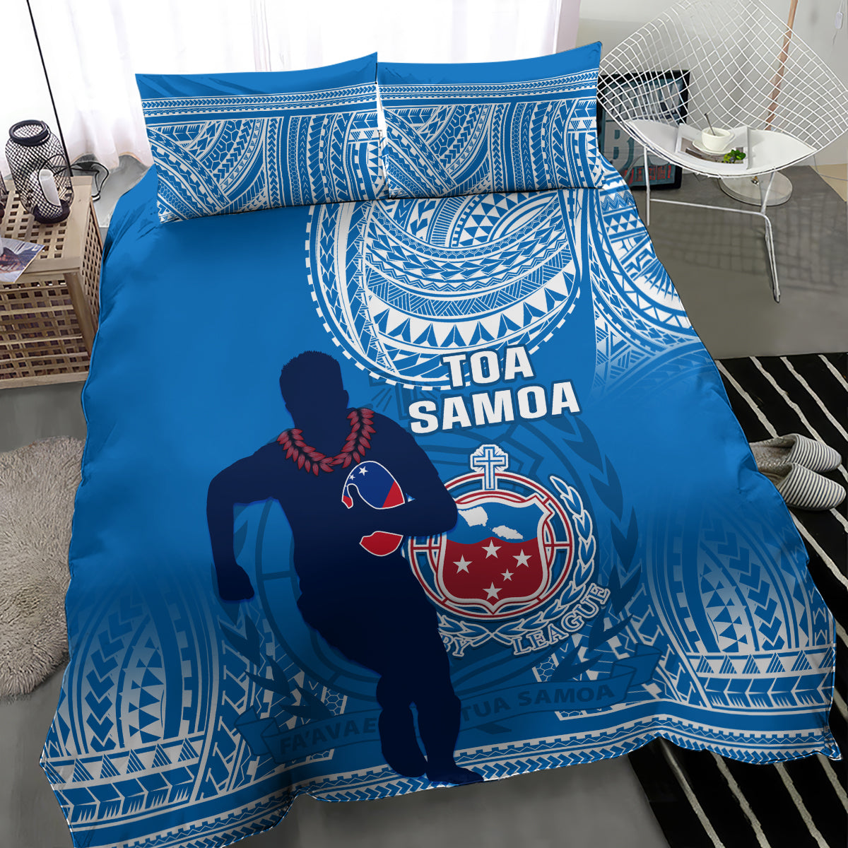 Blue Samoa rugby bedding set with duvet cover and two pillowcases featuring tribal-style patterns.