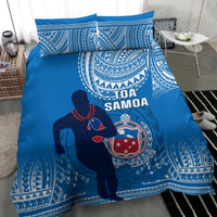 Blue Samoa rugby bedding set with duvet cover and two pillowcases featuring tribal-style patterns.