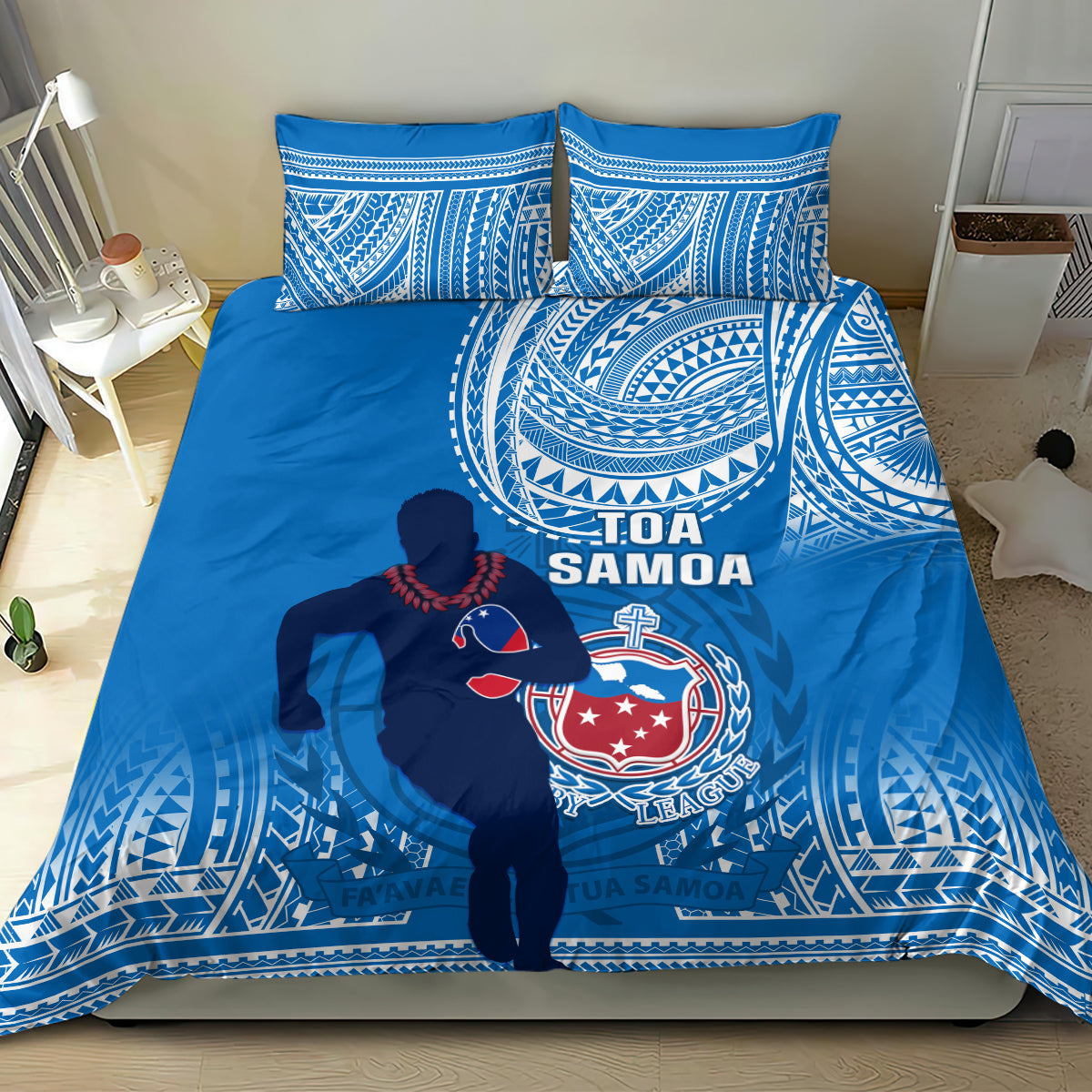 Blue Samoa rugby bedding set on bed: duvet cover with large rugby graphic and matching pillowcases.