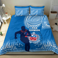 Blue Samoa rugby bedding set on bed: duvet cover with large rugby graphic and matching pillowcases.