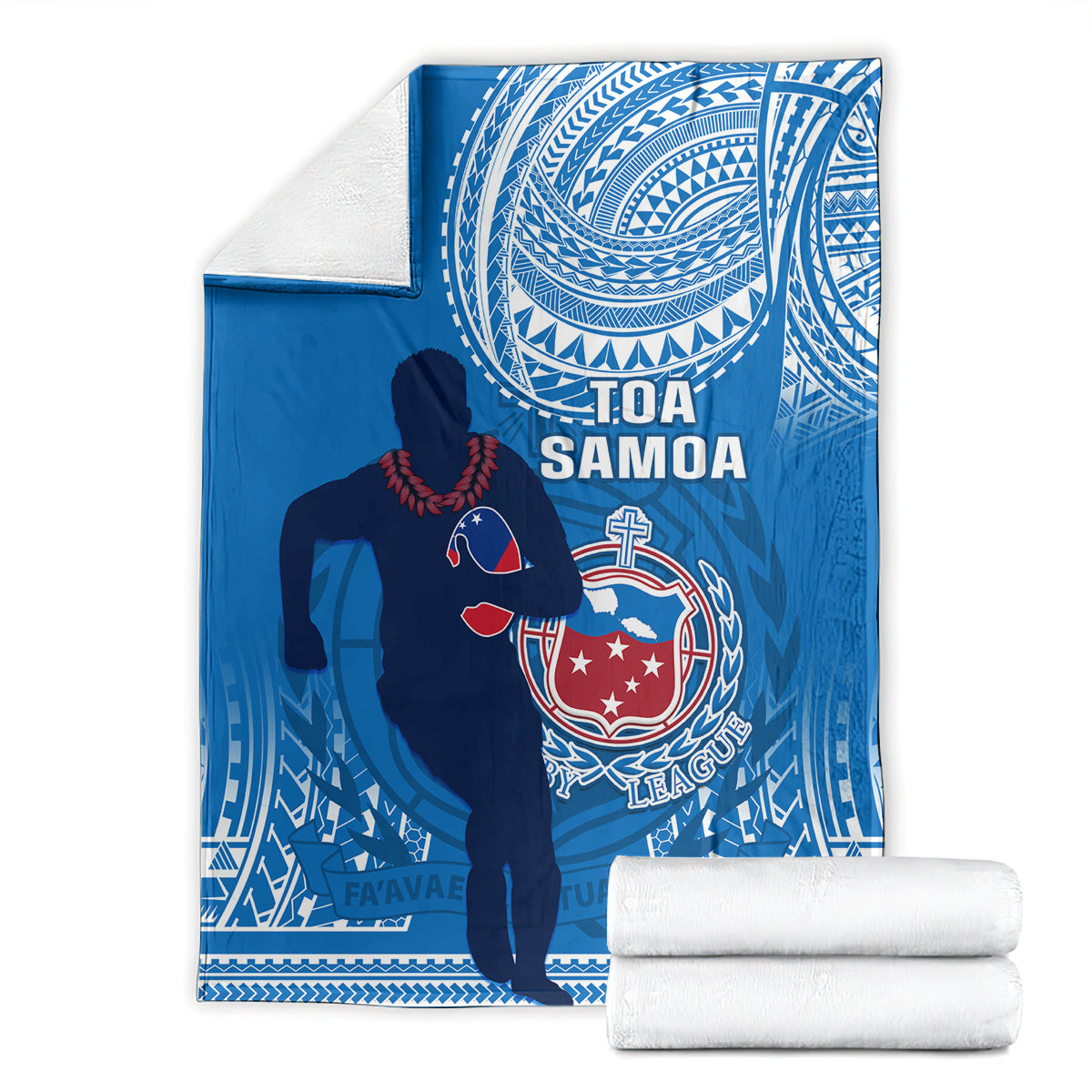 Folded blue rugby blanket with white Polynesian swirls, player silhouette, and league emblem