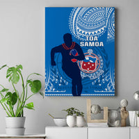 Blue rugby canvas wall art with Polynesian patterns, standing player silhouette, and crest