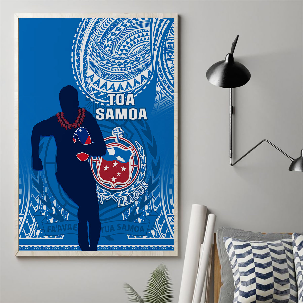 Framed blue rugby canvas wall art featuring a standing player silhouette and tribal crest