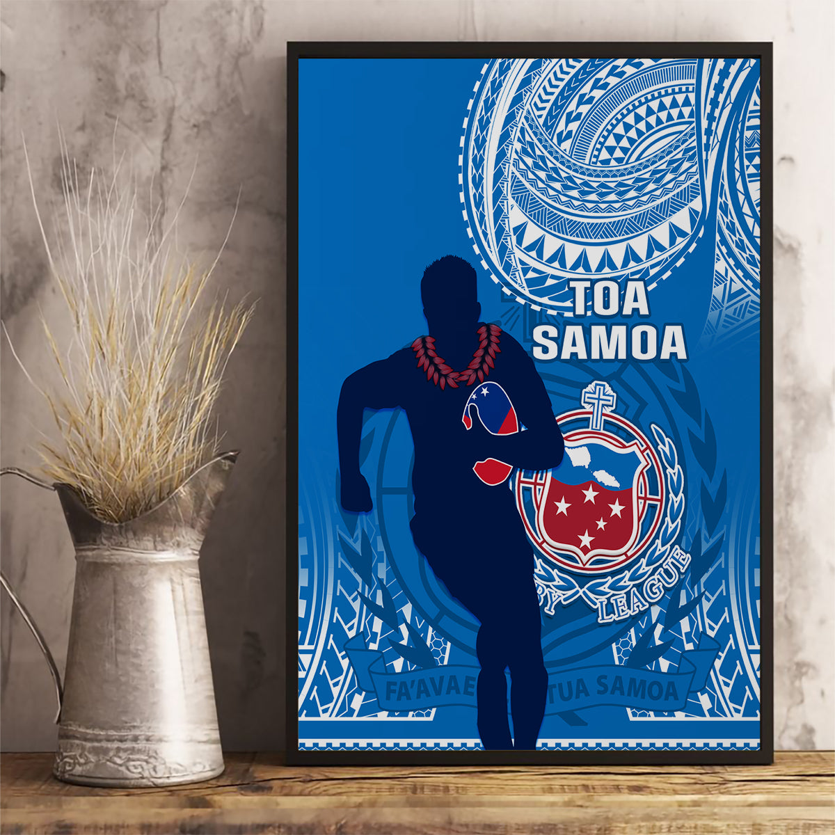 Framed blue rugby canvas wall art with standing player silhouette, Polynesian wave patterns