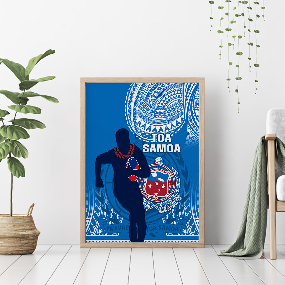 Framed blue rugby canvas wall art with standing player silhouette and tribal circular designs