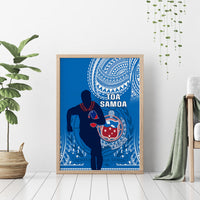 Framed blue rugby canvas wall art with standing player silhouette and tribal circular designs