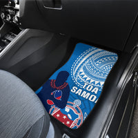 Blue car floor mat with TOA SAMOA rugby graphic in rear passenger area