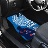 Blue front car floor mat with TOA SAMOA rugby graphic and shield pattern