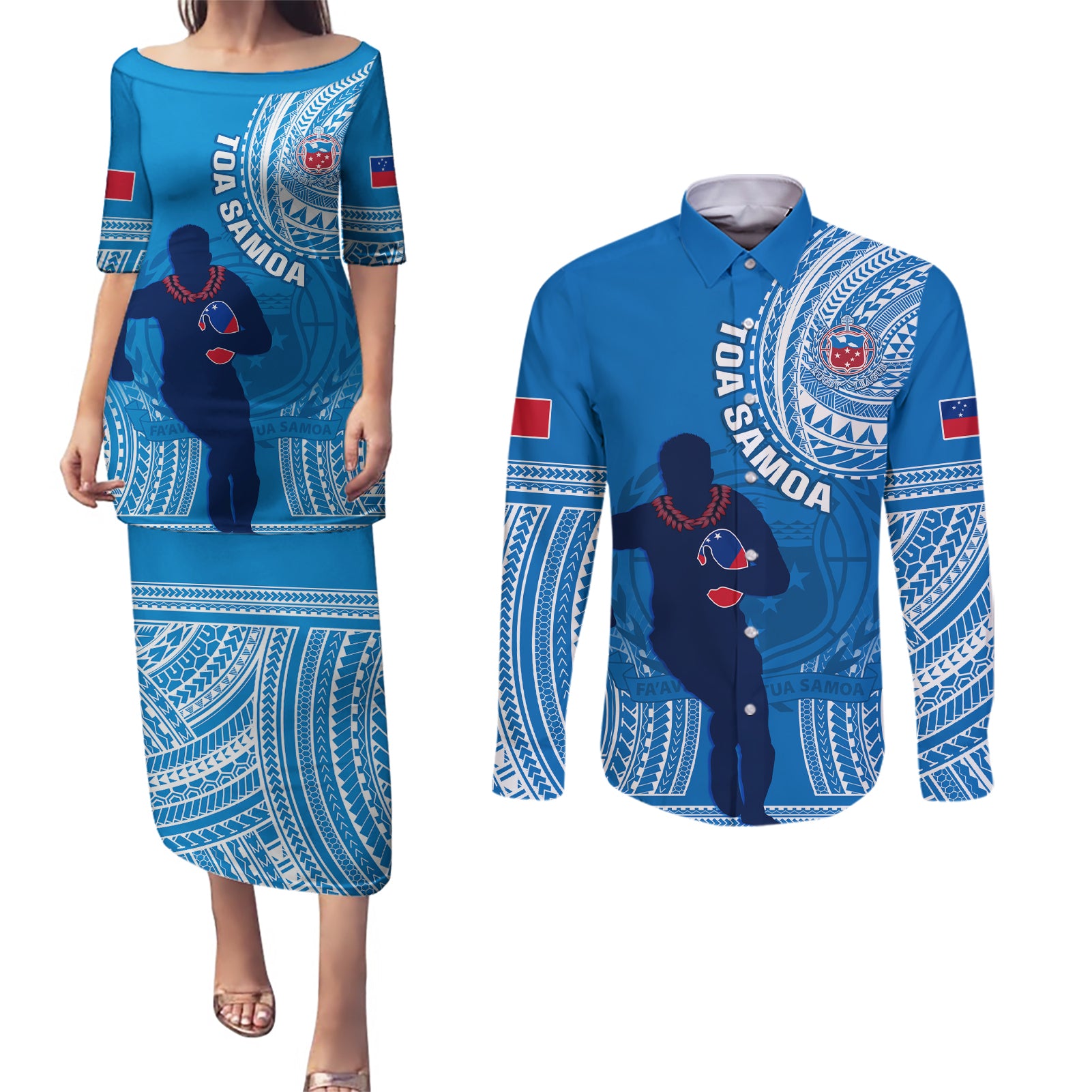 Custom Samoa Rugby Couples Matching Puletasi Dress and Long Sleeve Button Shirts Pacific 2023 Go Toa Samoa - Wonder Print Shop