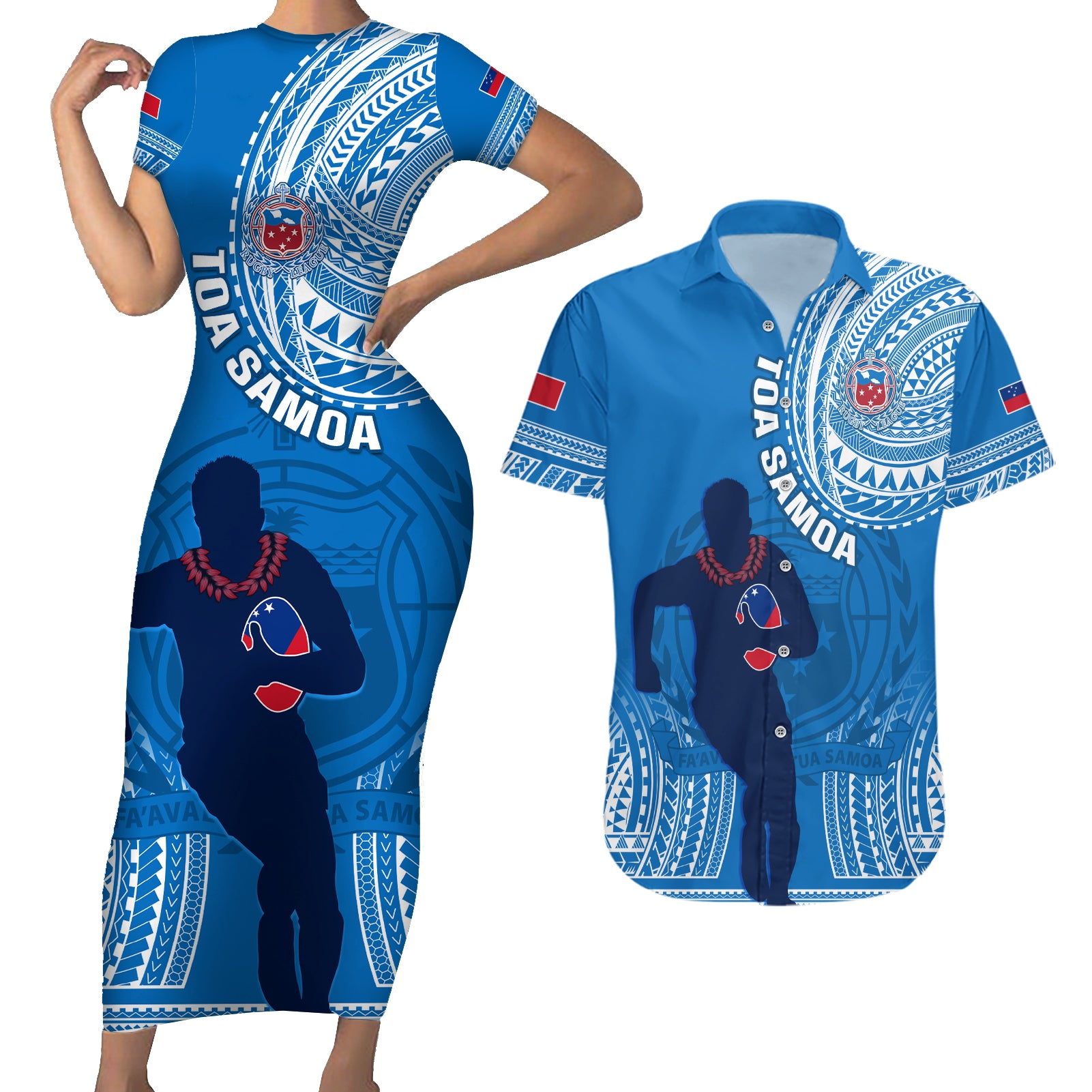 Custom Samoa Rugby Couples Matching Short Sleeve Bodycon Dress and Hawaiian Shirt Pacific 2023 Go Toa Samoa - Wonder Print Shop