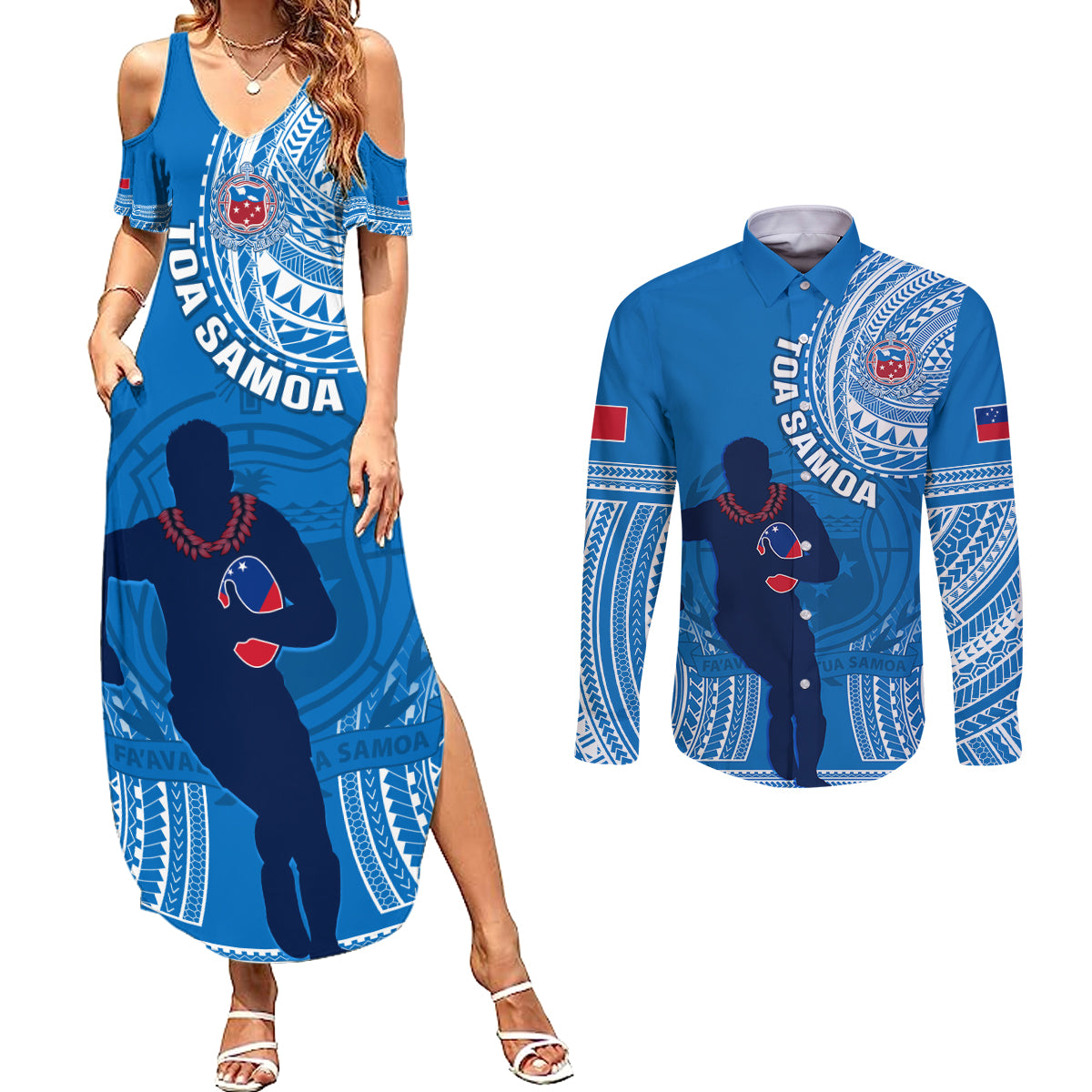 Custom Samoa Rugby Couples Matching Summer Maxi Dress and Long Sleeve Button Shirts Pacific 2023 Go Toa Samoa - Wonder Print Shop