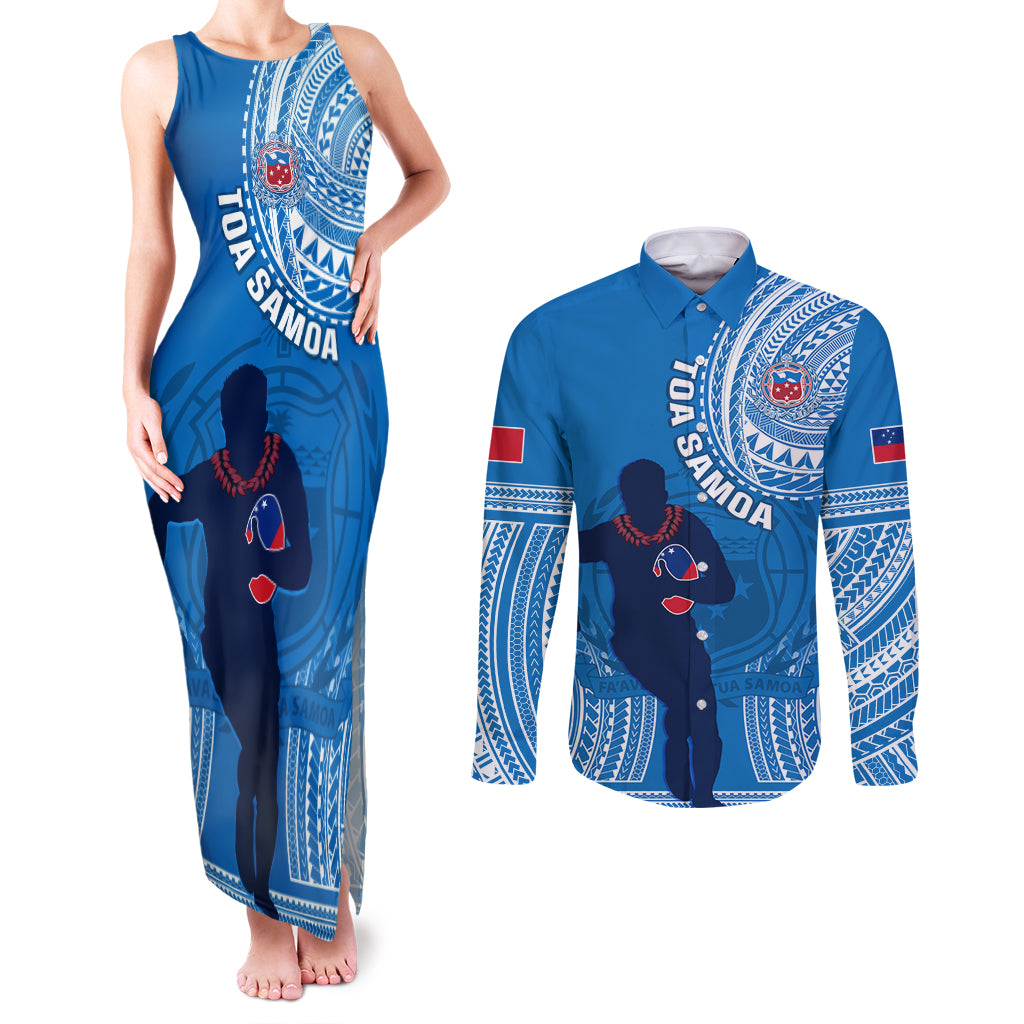 Custom Samoa Rugby Couples Matching Tank Maxi Dress and Long Sleeve Button Shirts Pacific 2023 Go Toa Samoa - Wonder Print Shop