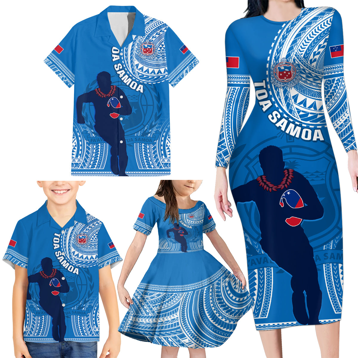 Custom Samoa Rugby Family Matching Long Sleeve Bodycon Dress and Hawaiian Shirt Pacific 2023 Go Toa Samoa - Wonder Print Shop