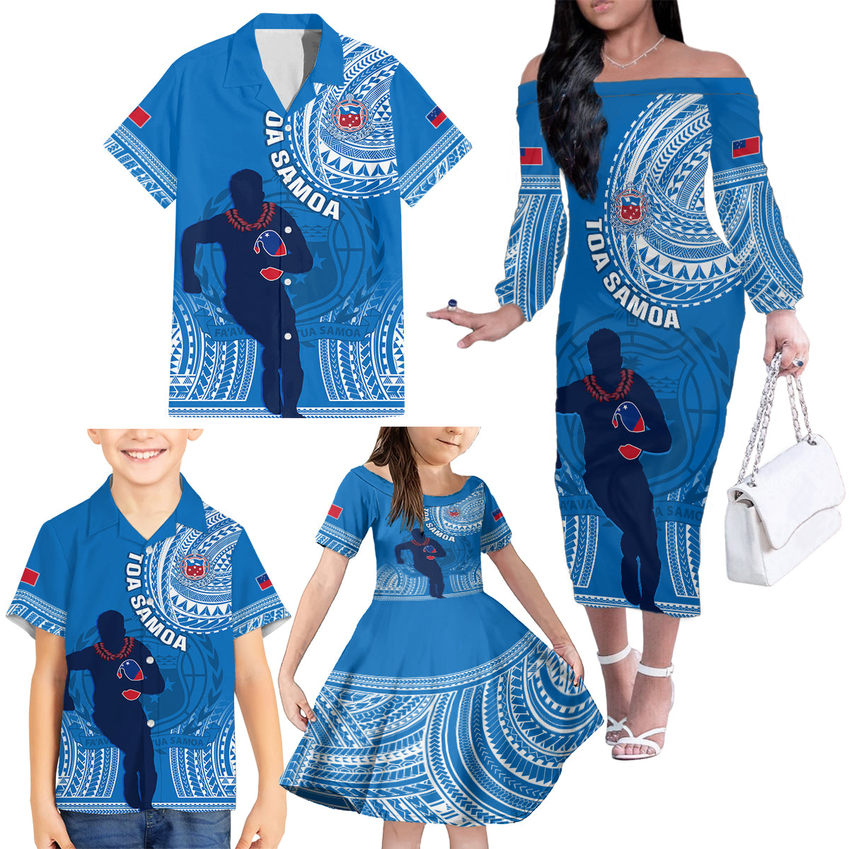 Custom Samoa Rugby Family Matching Off Shoulder Long Sleeve Dress and Hawaiian Shirt Pacific 2023 Go Toa Samoa - Wonder Print Shop