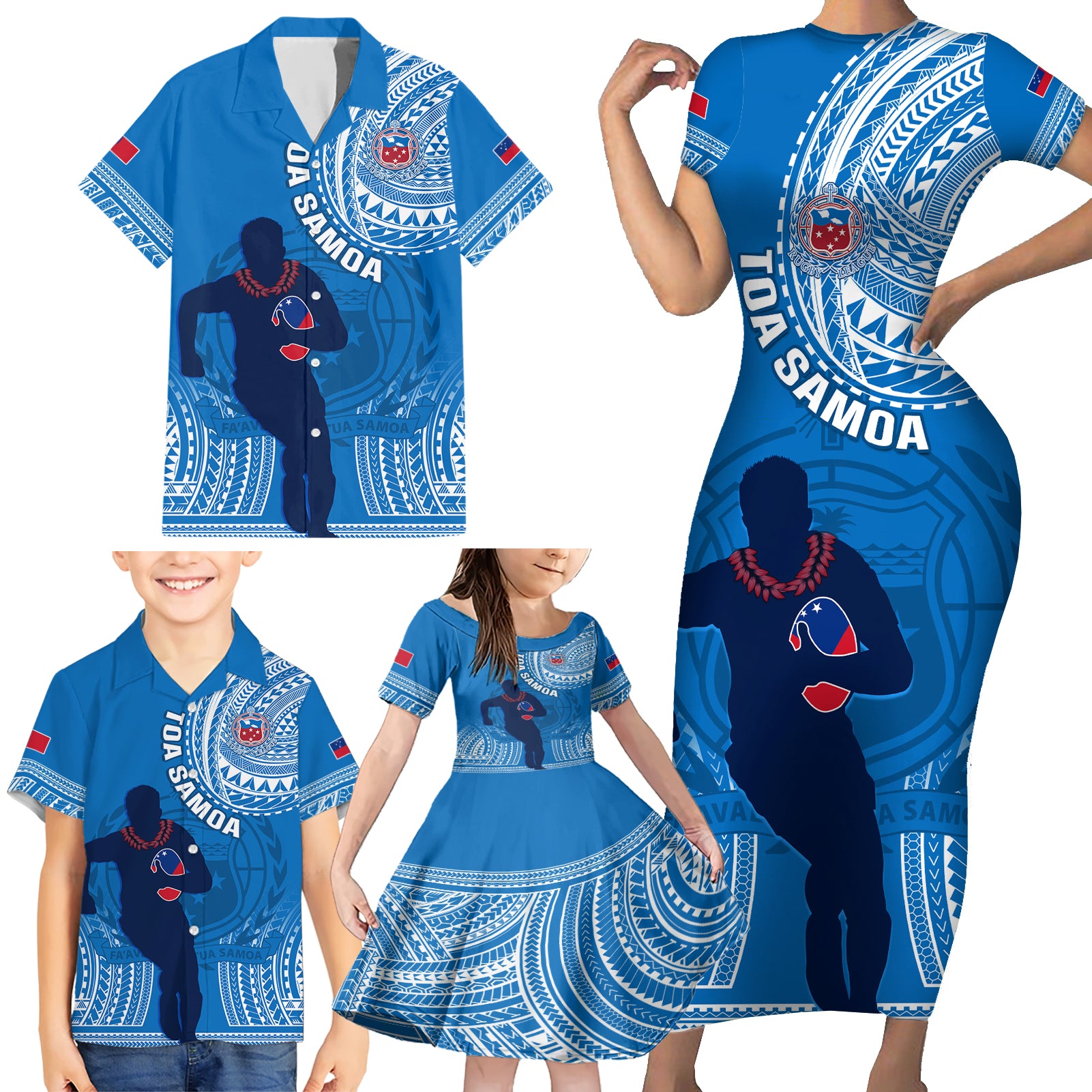 Custom Samoa Rugby Family Matching Short Sleeve Bodycon Dress and Hawaiian Shirt Pacific 2023 Go Toa Samoa - Wonder Print Shop