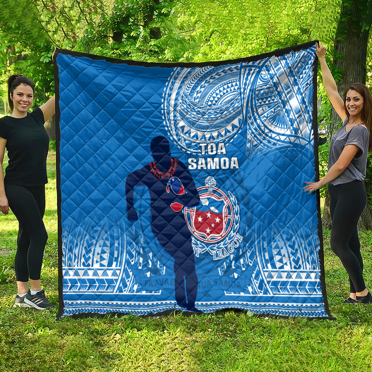 Blue quilted Samoa rugby throw with player figure and circular emblem print