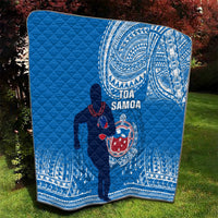 Blue Samoa rugby quilt with white spiral motifs and central rugby emblem