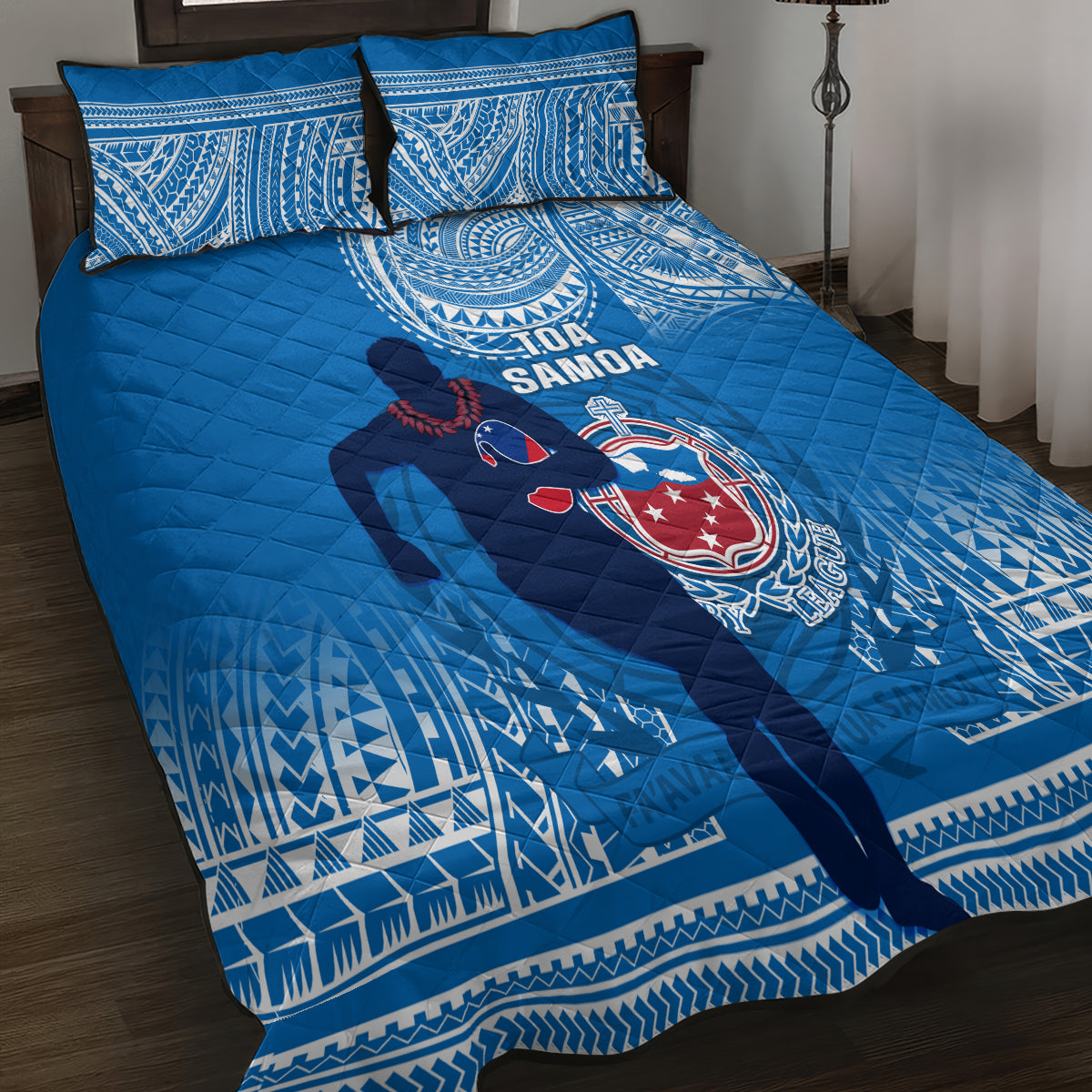 Blue quilt bed set with Samoa rugby logo, two pillowcases, tribal border print