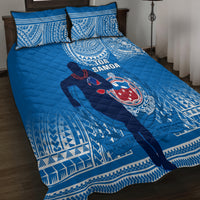 Blue quilt bed set with Samoa rugby logo, two pillowcases, tribal border print