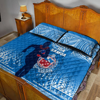 Blue quilt bed set with Samoa rugby logo, includes two matching pillowcases