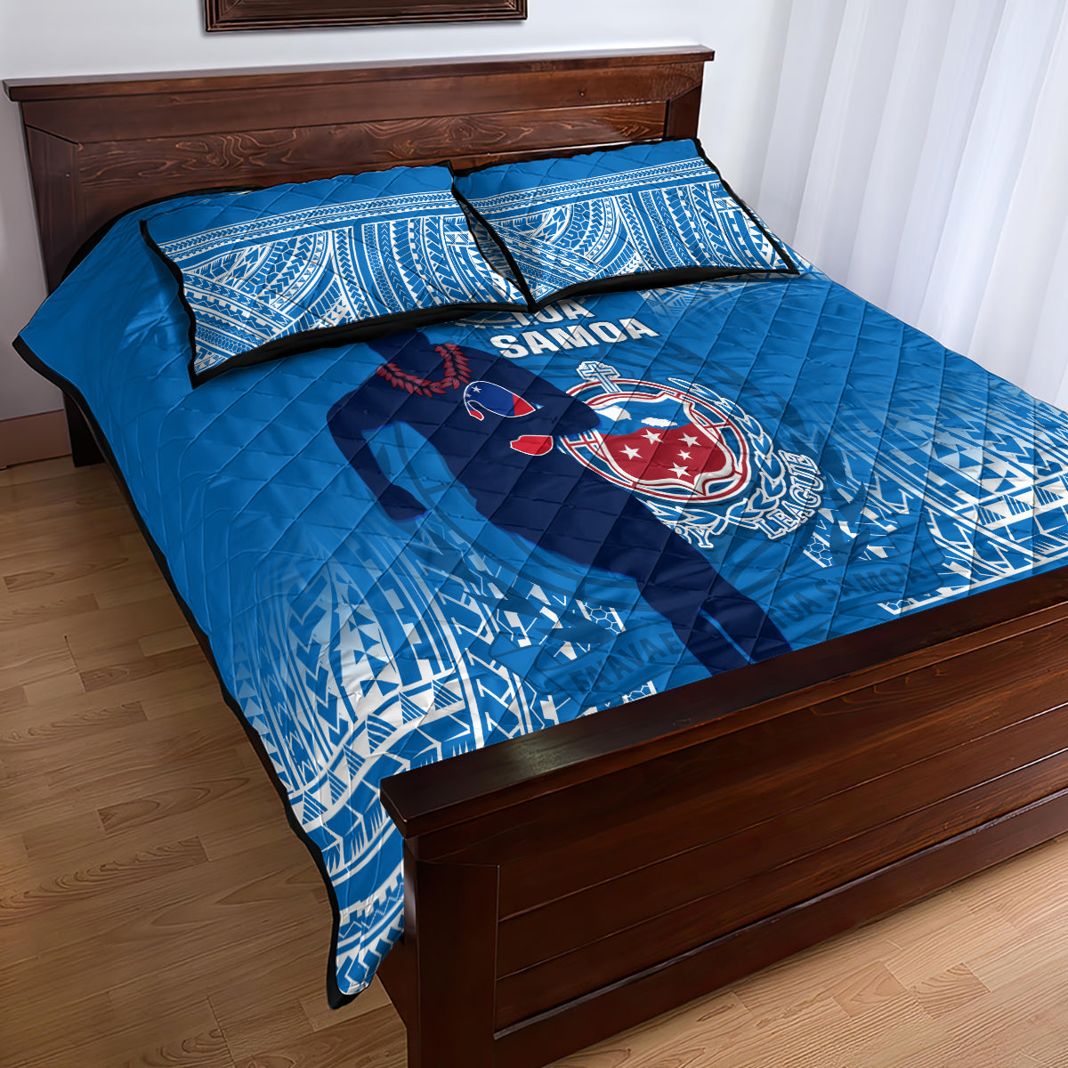 Blue quilt bed set with Samoa rugby logo and geometric pattern, with pillowcase