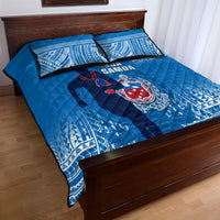 Blue quilt bed set with Samoa rugby logo and geometric pattern, with pillowcase