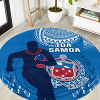 Blue round rugby carpet with Toa Samoa lettering and central sports crest