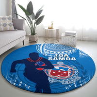 Blue round rugby carpet with Toa Samoa text, crest, and laurel details