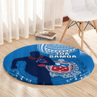 Blue round rugby carpet with Toa Samoa text and large rugby player silhouette