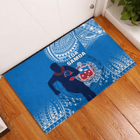 Blue Samoa rugby rubber doormat with rugby player graphic, crest, and Polynesian patterns