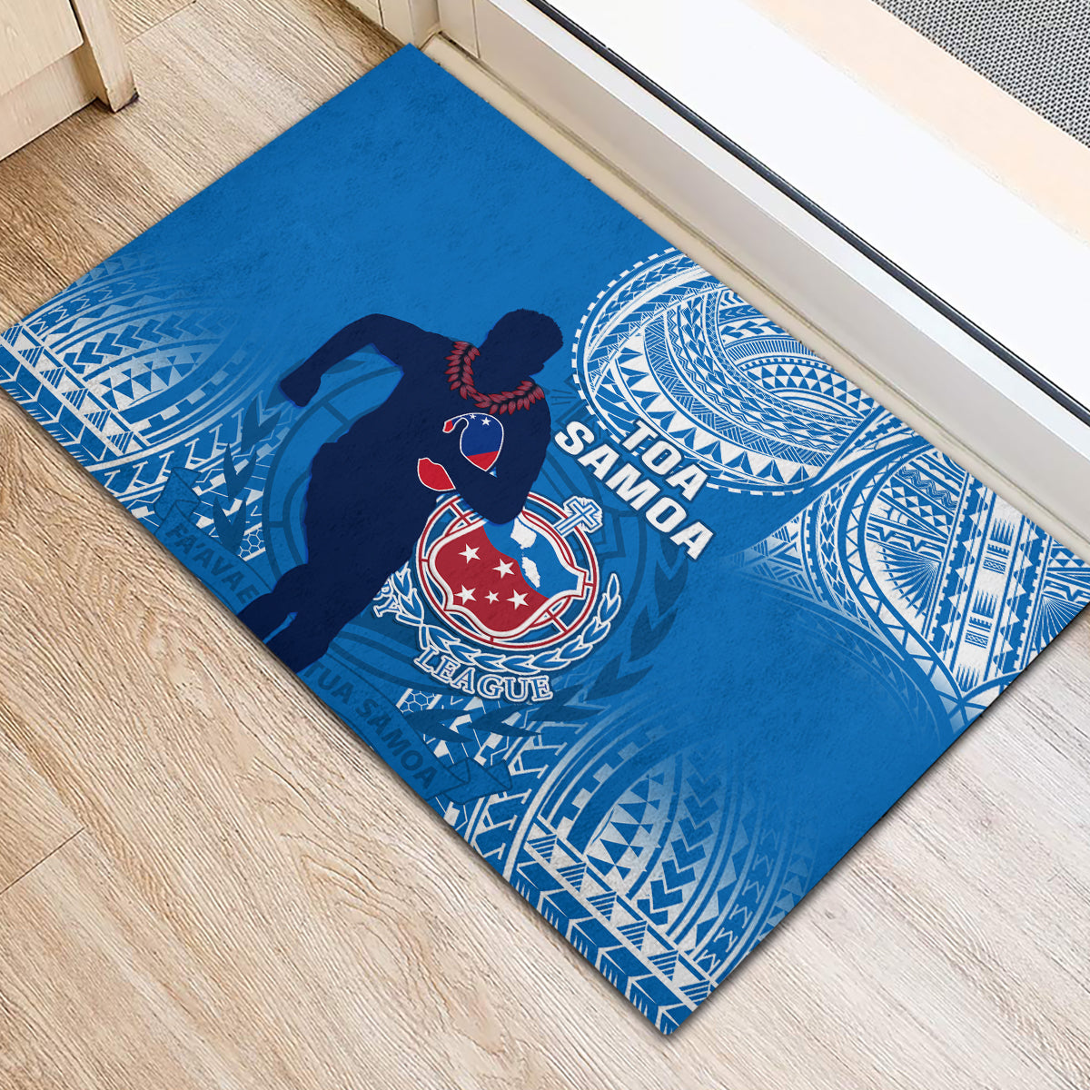 Blue Samoa rugby doormat showing rugby player silhouette and shield crest in white patterns