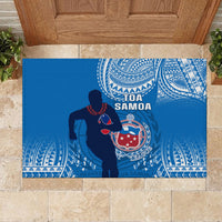 Blue Samoa rugby doormat featuring player silhouette, TOA SAMOA lettering, and crest
