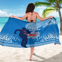 Blue rugby sarong with Toa Samoa crest and white circular tribal print, back view