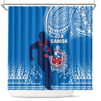 Blue rugby shower curtain with rugby player silhouette, Toa Samoa text, and crest