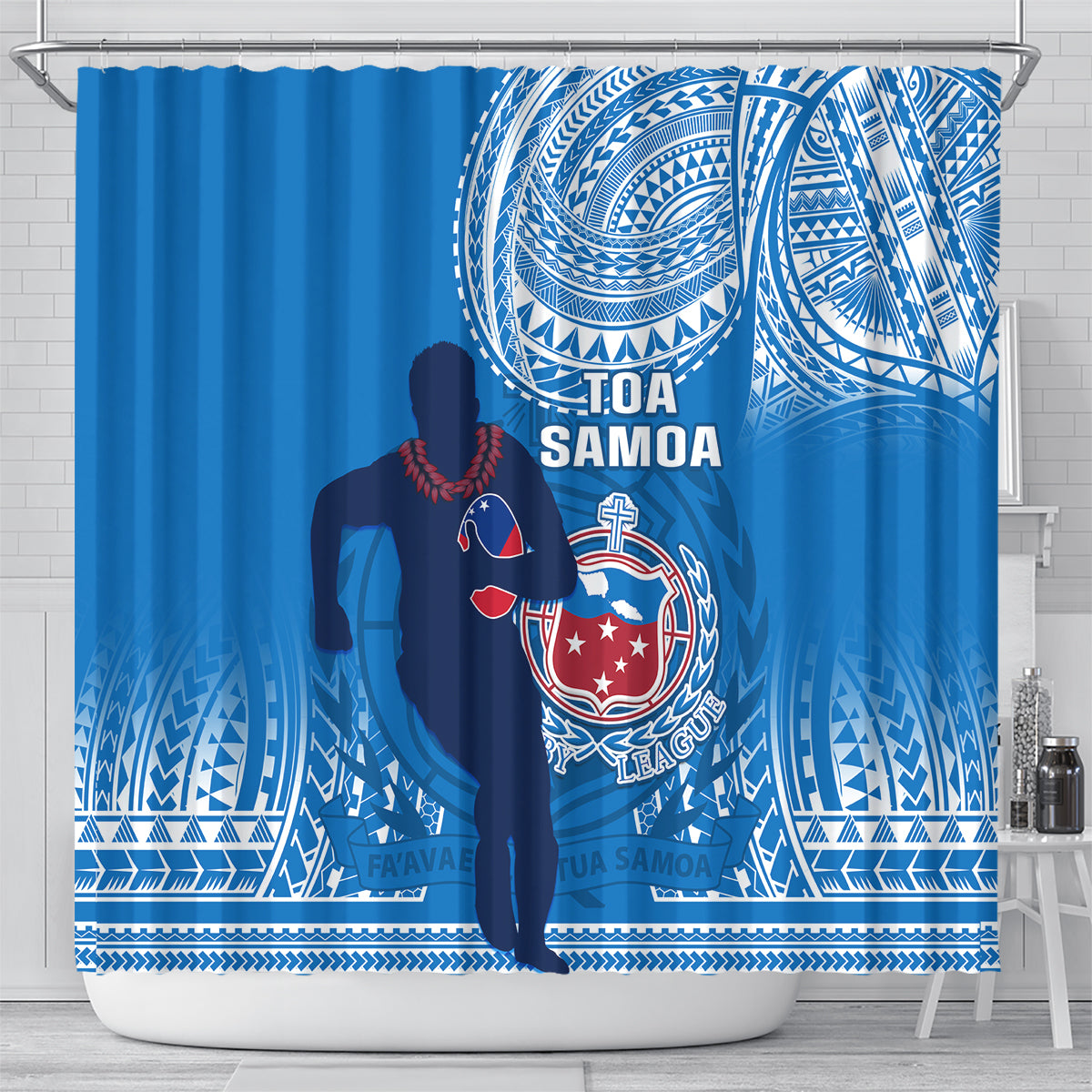 Blue rugby shower curtain hanging on a rod, with player silhouette and Toa Samoa crest