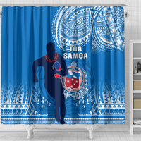 Blue rugby shower curtain with player silhouette, Toa Samoa crest, and patterned border