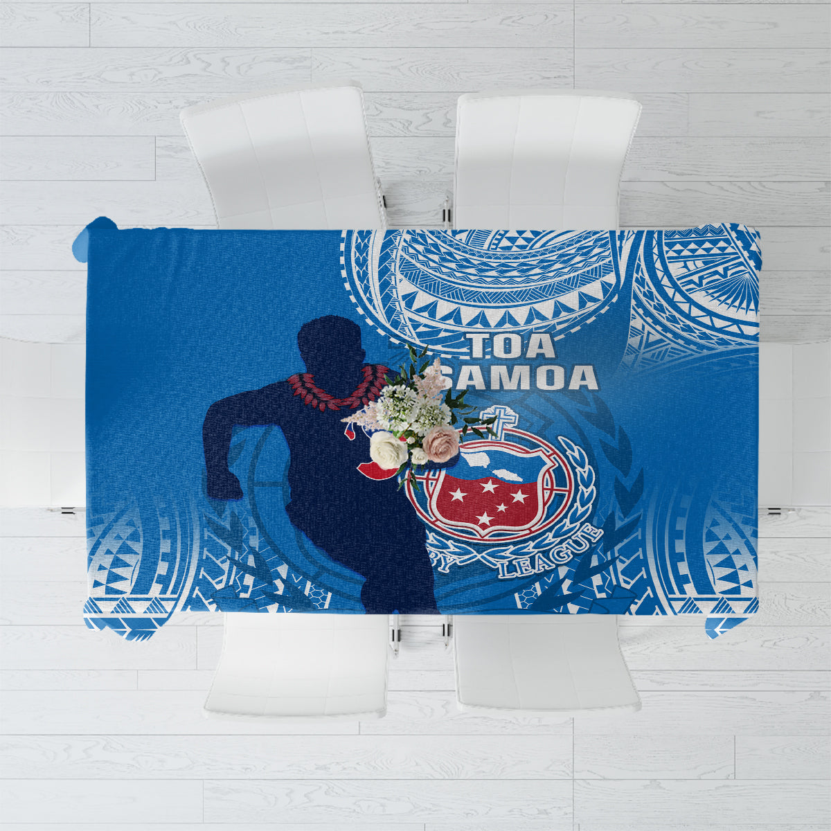 Blue rugby tablecloth with white geometric border and printed rugby player graphic