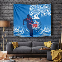 Blue rugby tapestry with Toa Samoa warrior holding a ball and white tribal patterns