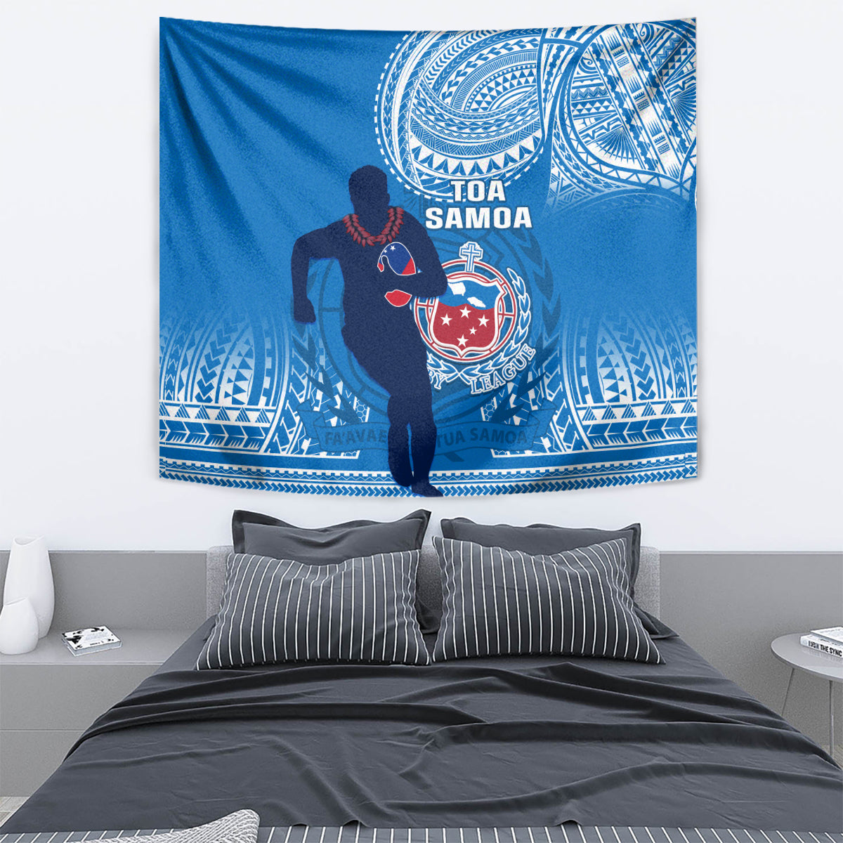 Blue rugby tapestry featuring Toa Samoa warrior silhouette and circular emblem with tribal designs