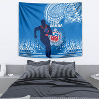 Blue rugby tapestry featuring Toa Samoa warrior silhouette and circular emblem with tribal designs